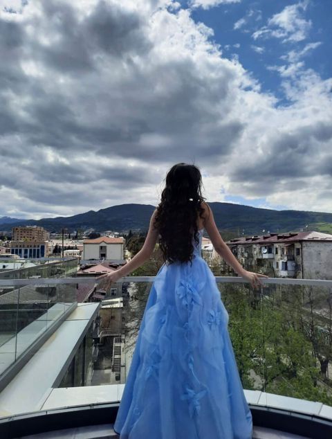 Göy rəngli zərif gecə/libas - Model: strapless (korsetli) uzun — Xırdalan