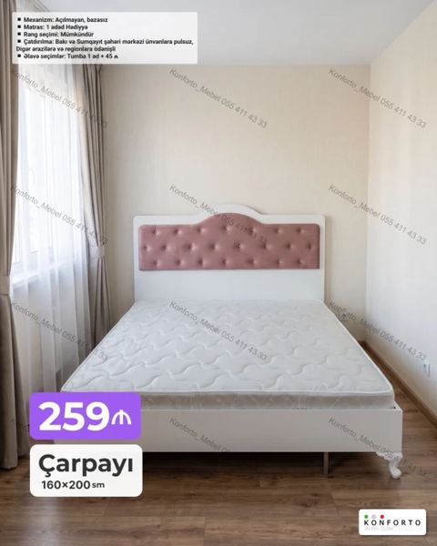 Çarpayı – 160×200 sm - Rəng: seçim imkanı - Başlıq: yumşaq, düyməli — Bakı
