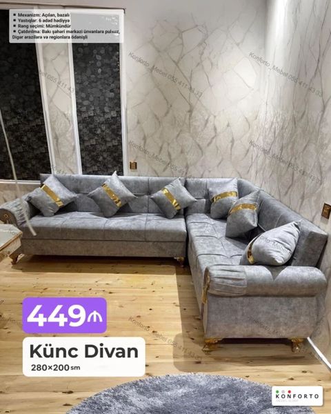 Künc divan – 280×200 sm - Mexanizm: açılan, bazalı (alt hissə saxlanc — Bakı