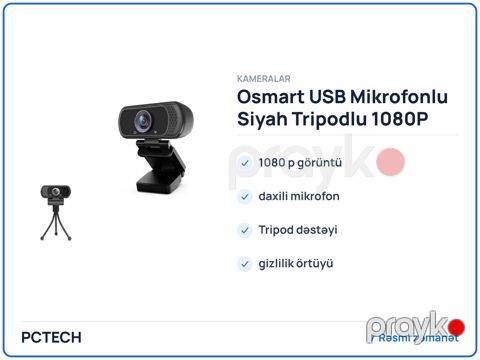 Osmart USB Mikrofonlu Siyah Tripodlu 1080P Full HD Mikrofonlu Kamera (OS-W50) — Bakı