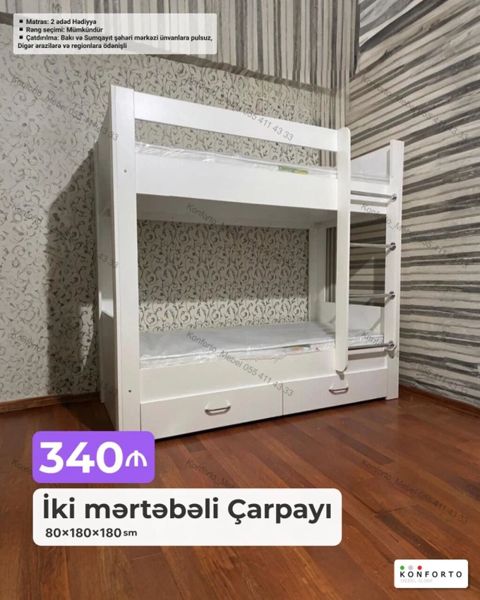 İki mərtəbəli çarpayı - Ölçülər: 80×180×180 sm - Material: ağ rəngdə — Bakı