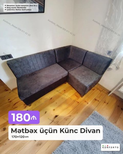 Mətbəx üçün künc divan – 170×120 sm - Kompakt L‑şəkilli dizayn — Bakı