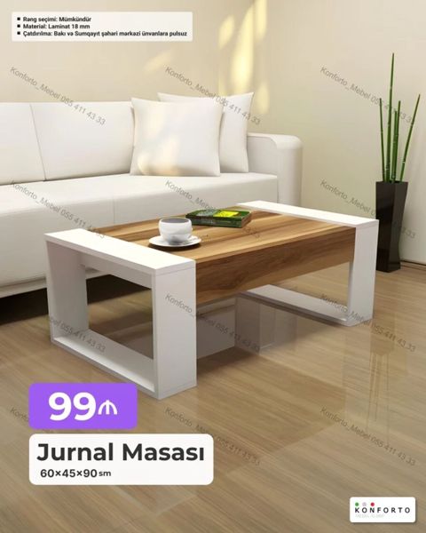 Jurnal masası – ölçü: 60×45×90 sm - Dizayn: Açıq ağ karkas və taxta — Bakı