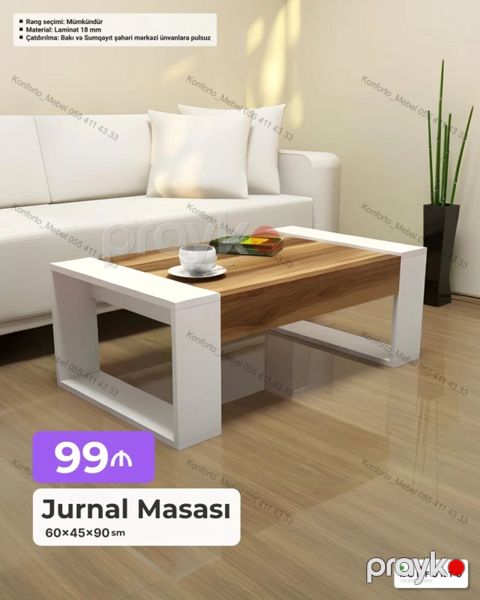 Jurnal masası – ölçü: 60×45×90 sm - Dizayn: Açıq ağ karkas və taxta — Bakı