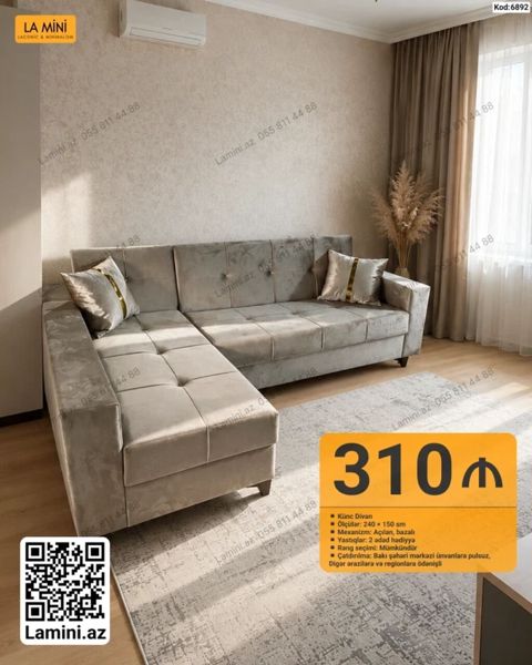 Künc divan – Kod: 6892 - Ölçülər: 240 x 150 sm - Mexanizm: açılan — Bakı