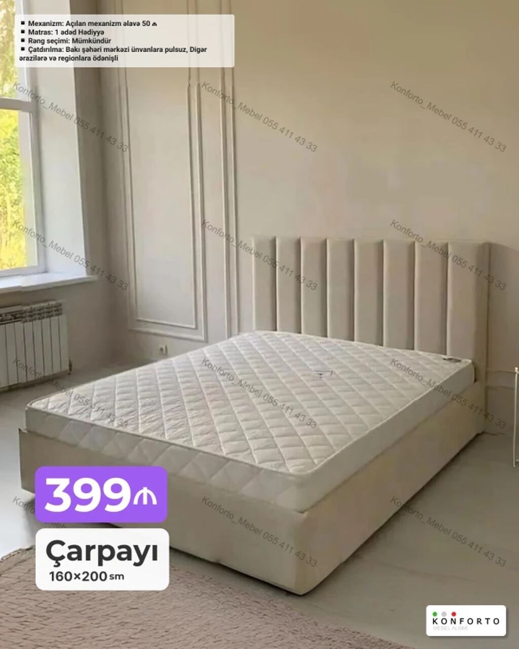 Məhsul: Çarpayı – 160×200 sm - Modern, yumşaq başlıq dizaynı ilə — Yataqlar, Bakı