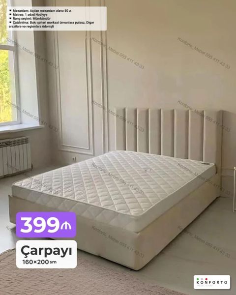 Çarpayı – 160×200 sm - Başlıq hissəsi zolaqlı dizaynla yumşaq — Bakı