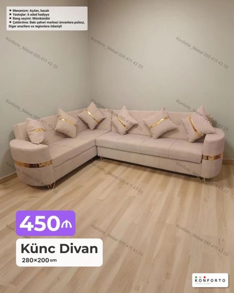 Künc Divan – 280×200 sm - Mekanizm: açılan, bazalı (yataq funksiyası — Bakı