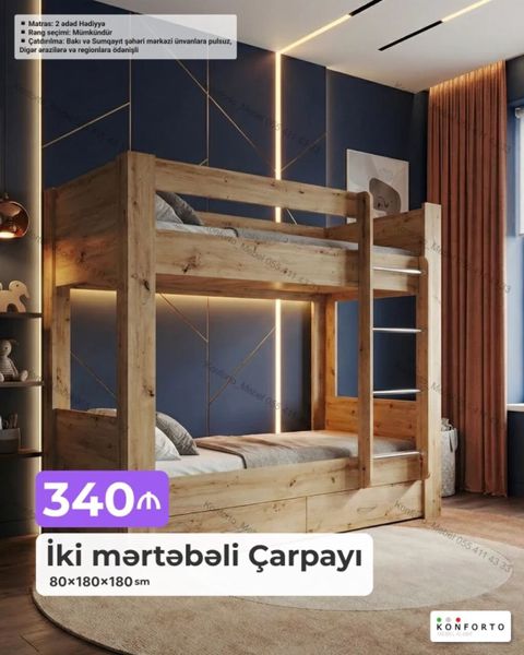 İki mərtəbəli çarpayı – 80×180×180 sm - Təhlükəsiz, möhkəm taxta — Bakı