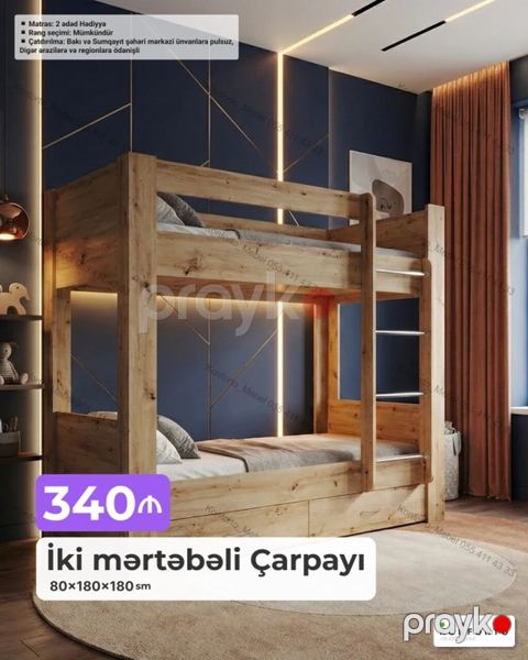 İki mərtəbəli çarpayı – 80×180×180 sm - Təhlükəsiz, möhkəm taxta — Bakı