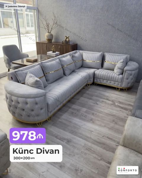 Künc divan – 300×200 sm - Rəng: açıq boz - Dizayn: zərif qızılı — Bakı