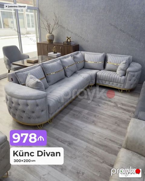 Künc Divan – 300×200 sm - Rəng: açıq boz - Forma: L-şəkilli künc — Bakı