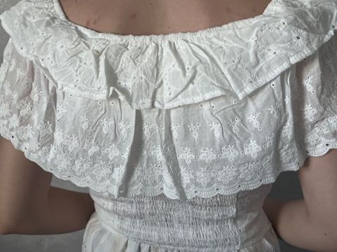 Ağ rəngdə, ağ krujeva-broderiya naxışlı açıq çiyinli bluz/top — Bakı