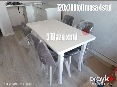 120x70 ölçülü yemək masası + 4 ədəd stul dəsti. - Masa: ağ rəng — Bakı