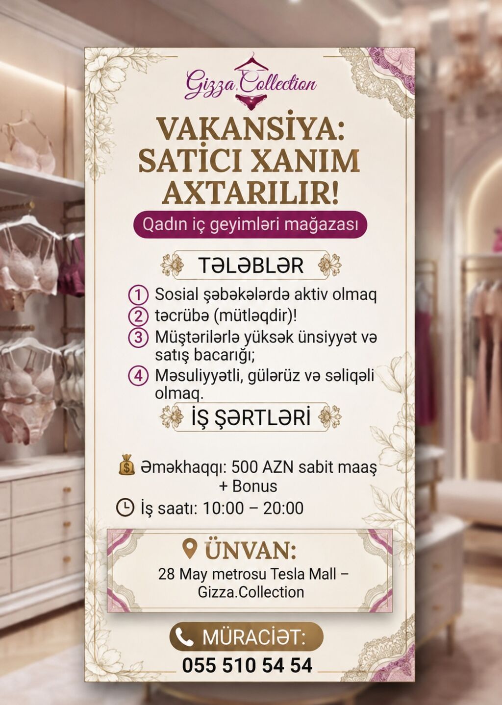 Satış məsləhətçisi tələb olunur, Yalnız qadınlar üçün, 30-45 yaş, 1-2 illik təcrübə, Ayda 2 dəfə ödəniş — Satış, Bakı