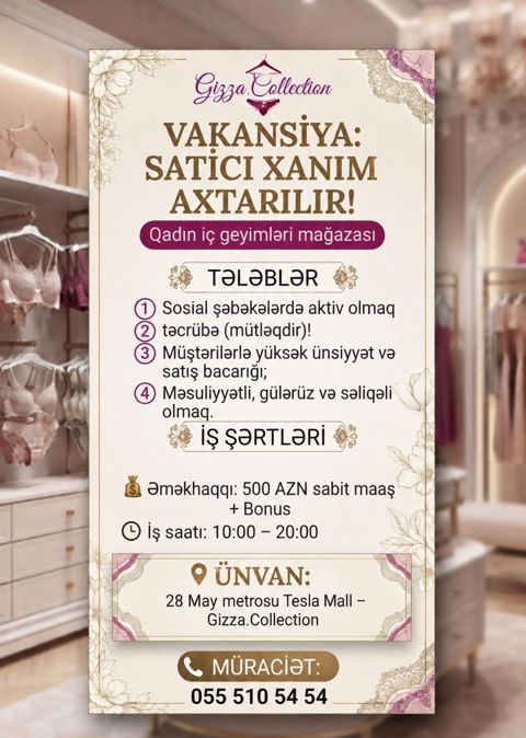 Satış məsləhətçisi tələb olunur, Yalnız qadınlar üçün, 30-45 yaş, 1-2 illik təcrübə, Ayda 2 dəfə ödəniş — Bakı