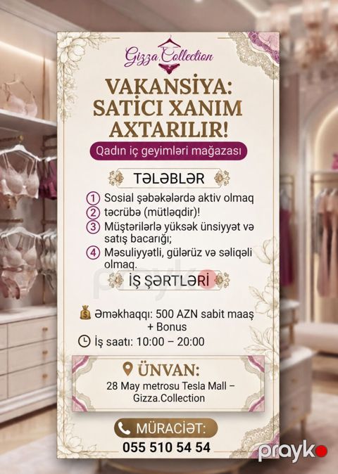 Satış məsləhətçisi tələb olunur, Yalnız qadınlar üçün, 30-45 yaş, 1-2 illik təcrübə, Ayda 2 dəfə ödəniş — Bakı