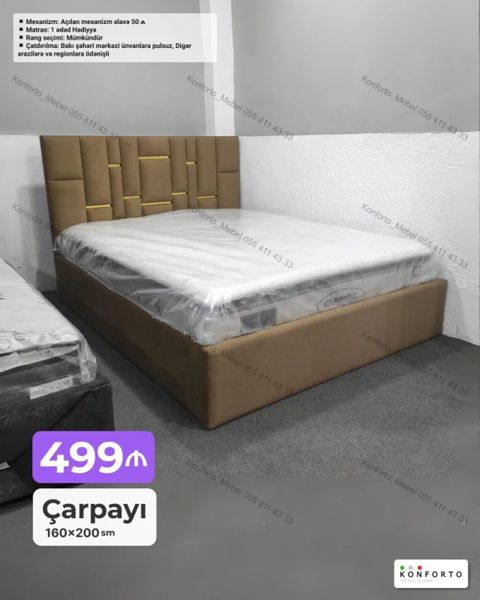 Çarpayı – 160×200 sm - Düz xəttli başlıq dizaynı, yumşaq parça üzlü — Bakı