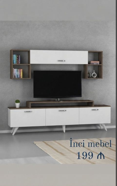 Məhsul: TV stendi və asma rəf dəsti - Rəng: ağ və ağac tonlarının — Bakı