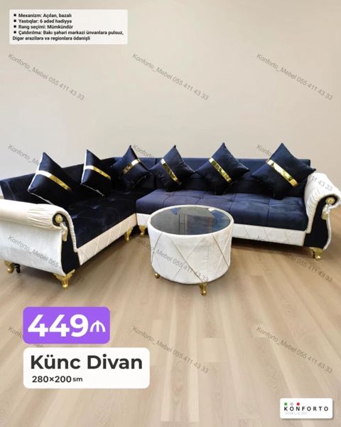 Künc Divan – 280×200 sm - Mexanizm: açılan, bazalı (altı saxlanc — Bakı