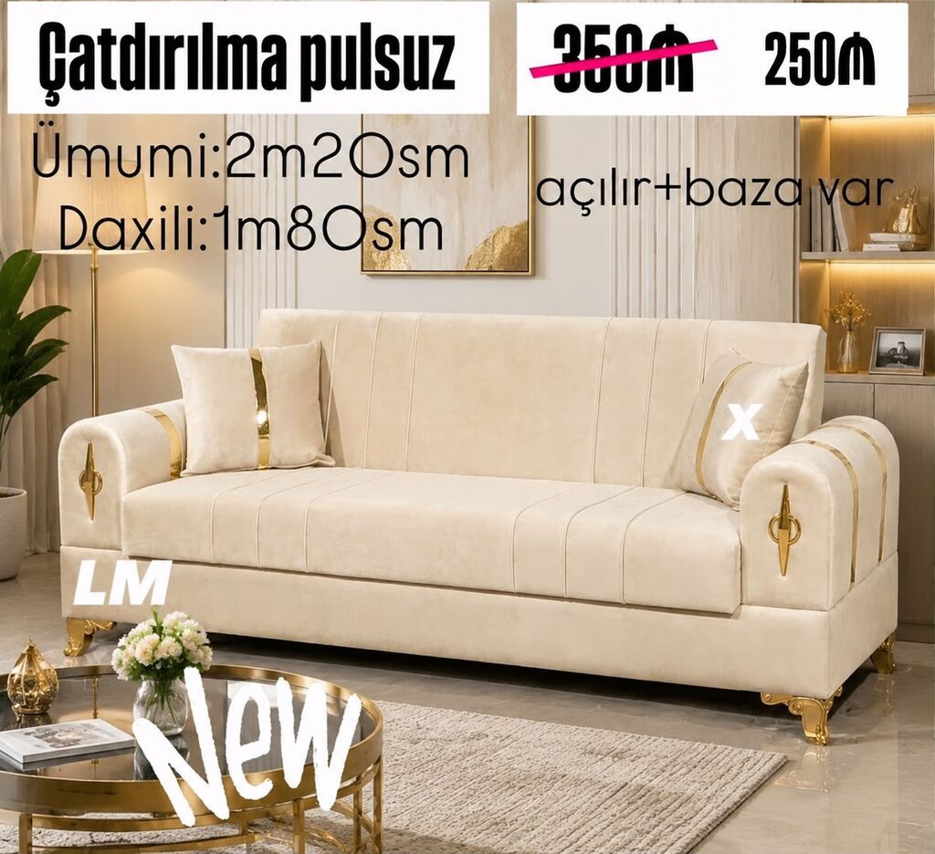 Bej rəngli, qızılı aksentlərlə modern üslubda divan. - Ölçülər: ümumi — Divanlər, Mehdiabad