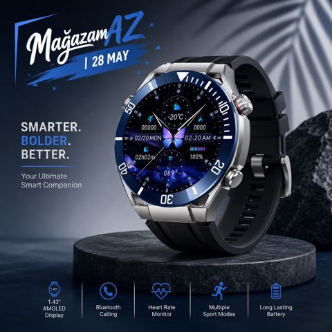 Smart Saat – IP68 HK5 Hero Blue AMOLED — Bakı