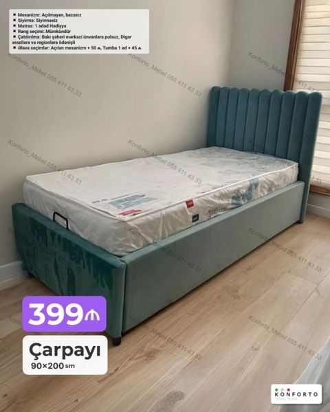 Tək nəfərlik çarpayı – 90×200 sm - Model: başlıqlı, bazasız — Bakı