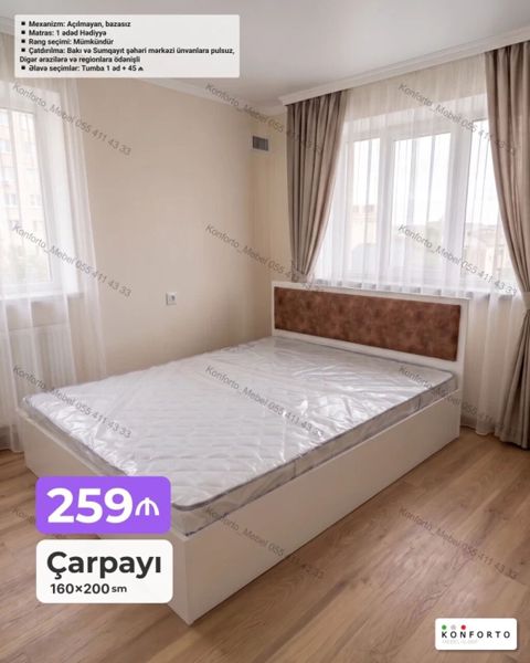 Çarpayı – 160×200 sm – Mexanizm: açılmayan, bazasız – Matras: 1 ədəd — Bakı