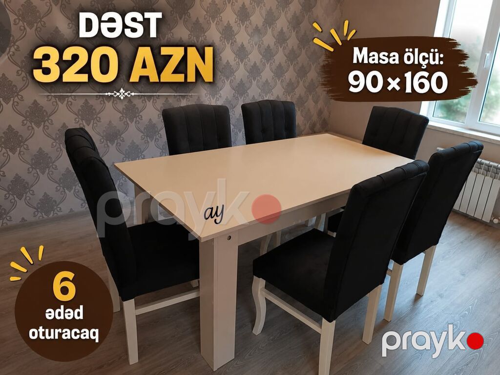 Yemək otağı üçün masa-stul dəsti - Dəst: 1 masa + 6 ədəd oturacaq — Masalar və stullar, Digah (3)