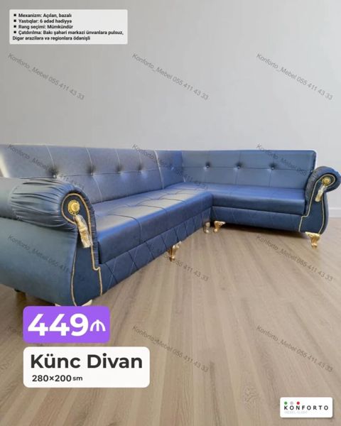 Künc Divan – 280×200 sm Şık klassik dizaynlı, qızılı dekorlu ayaqlar — Bakı