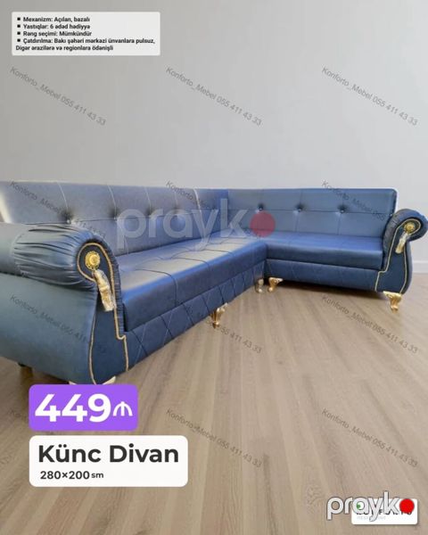 Künc divan – 280×200 sm Mexanizm: açılan, bazalı (yuxarı qalxan — Bakı