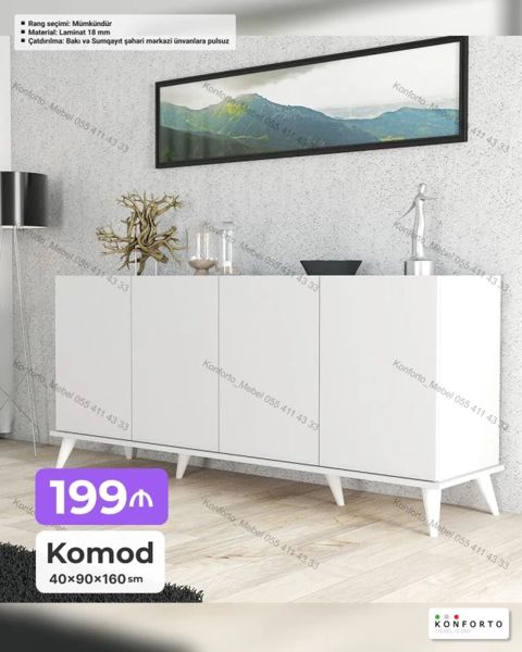 Ağ rəngli komod – minimalist dizayn, üç qapılı saxlama bölmələri ilə — Bakı