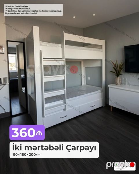 İki mərtəbəli çarpayı – 90×180×200 sm - Rəng seçimi: mümkündür — Bakı