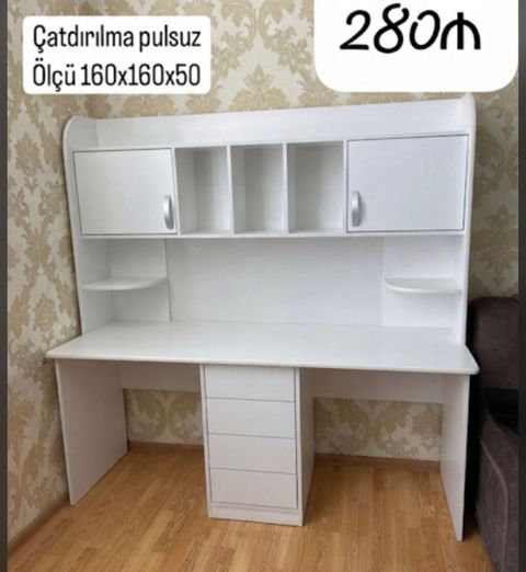 Ağ rəngli funksional iş masası və üst dolab komplekti. - Ölçü: 160 x — Bakı