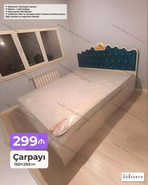 Çarpayı – 160×200 sm Dizayn: Zərif ağ korpus, düyməli mavi yumşaq — Bakı