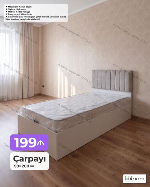 Tək nəfərlik çarpayı – 90×200 sm - Mexanizm: açılan, bazalı — Bakı