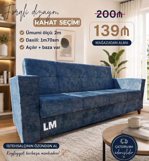 Mavi rəngli, müasir dizaynlı açılıb-yığılan divan Xüsusiyyətlər — Bakı