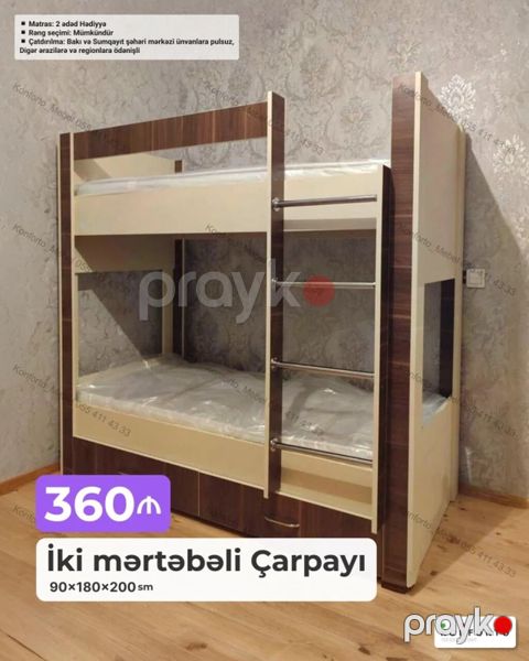 İki mərtəbəli çarpayı – 90×180×200 sm - Kompakt dizayn, iki nəfər — Bakı