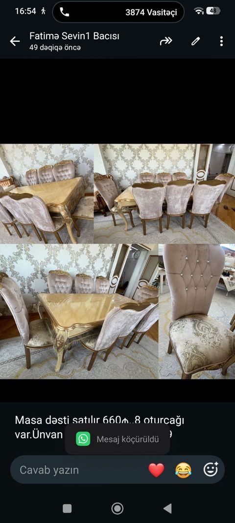 Masa dəsti satılır 660₼. 8 oturcağı var.Ünvan razin. 1255. Fatimə99 — Bakı