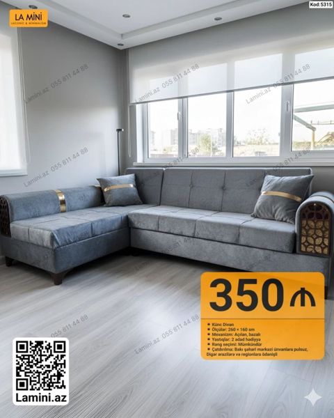 Künc Divan – Kod: 5315 - Ölçülər: 260 160 sm - Mexanizm: Açılan — Bakı