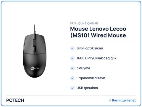 Mouse Lenovo Lecoo (MS101 Wired Mouse Black) — Bakı