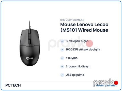 Mouse Lenovo Lecoo (MS101 Wired Mouse Black) — Bakı