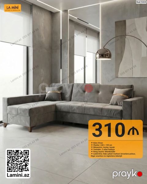 LA Mını künc divan - Ölçülər: 240 150 sm - Mexanizm: açılan, bazalı — Bakı