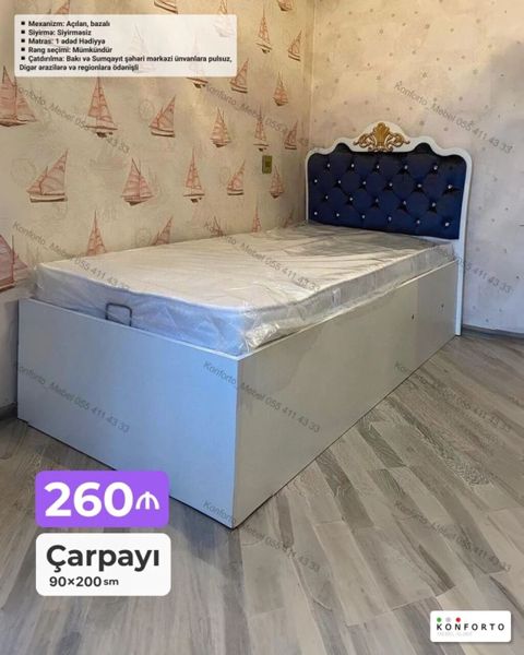 Çarpayı – 90×200 sm - Mexanizm: Açılan, bazalı (geniş saxlama yeri) — Bakı