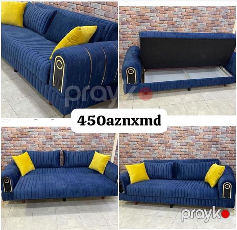 Mavi velvet/parça üzlü qonaq otağı divanı. Zolaqlı tikiş detalı, qol