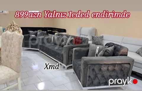 Künc salon dəsti – tünd boz rəngdə, yumşaq velür parça ilə. Dəst 1 — Bakı