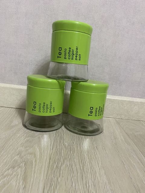 Mətbəx üçün 3 ədəd saxlama qabı dəsti - Material: Şüşə gövdə, yaşıl — Digah