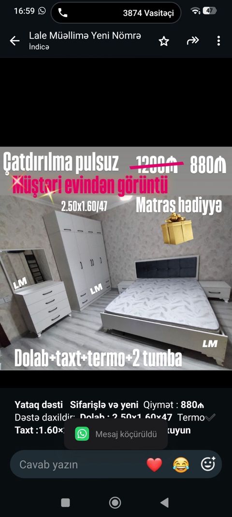 *Yataq dəsti* *Sifarişlə və yeni* Qiymət *880₼* Dəstə daxildir — Bakı