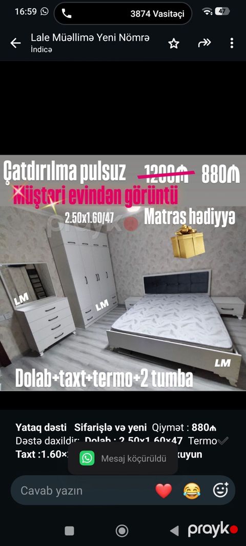 *Yataq dəsti* *Sifarişlə və yeni* Qiymət *880₼* Dəstə daxildir — Bakı