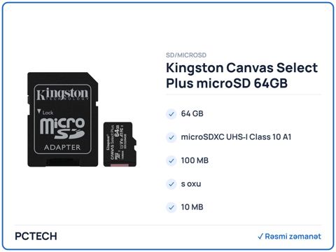 Kingston Canvas Select Plus microSD 64GB (SDCS2/64GB) — Bakı